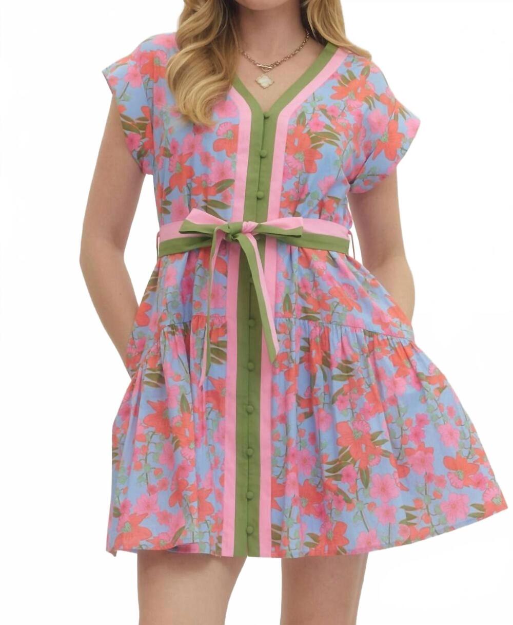NEW ENTRO marigold floral v‑neck mini dress in pink